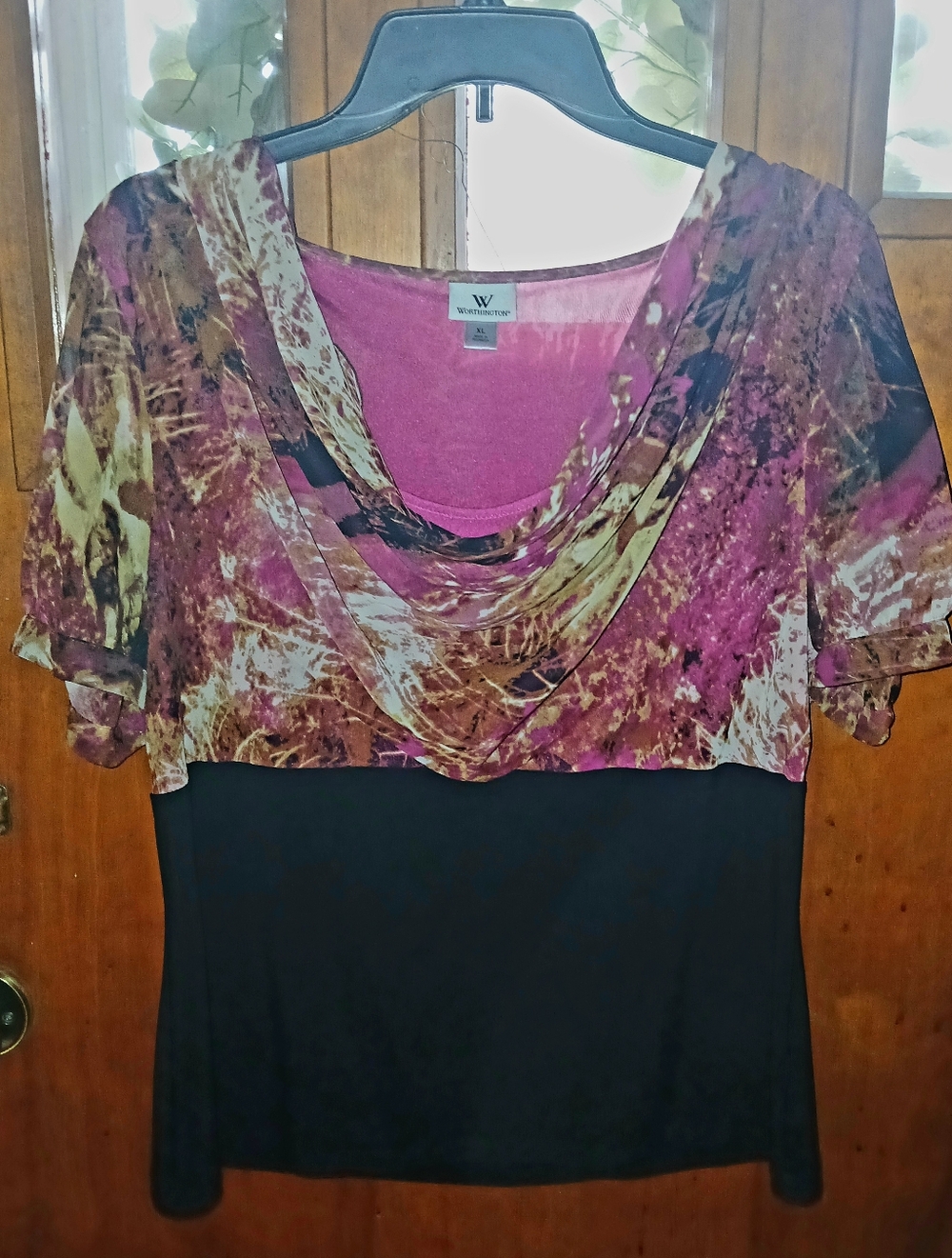 Worthington Pink and Black Draped Cowl Neck Blouse